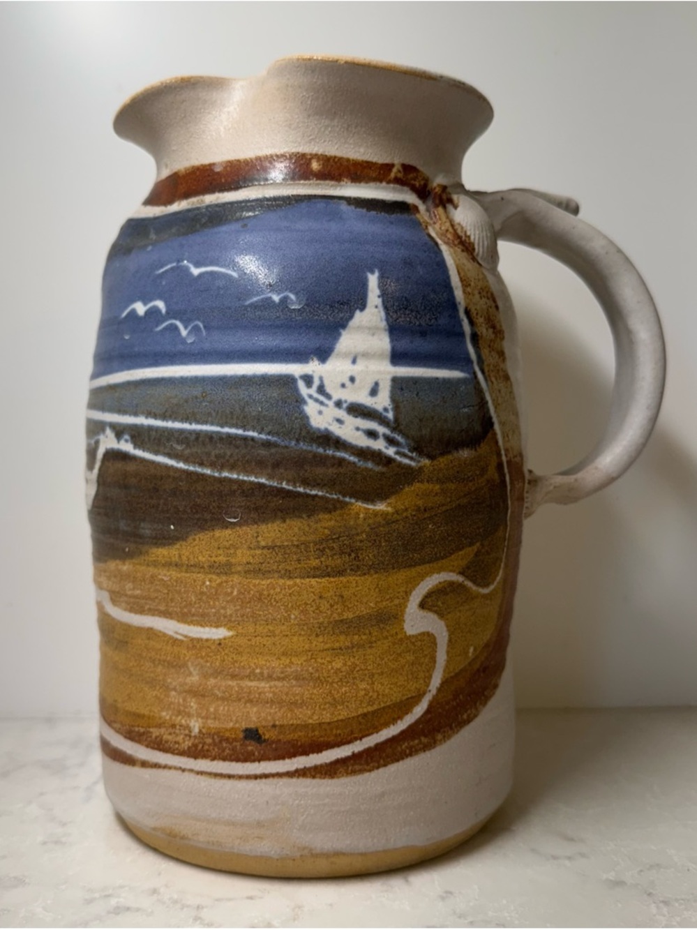 Handcrafted Ceramic Pitcher - Blue and Brown Coastal Scene